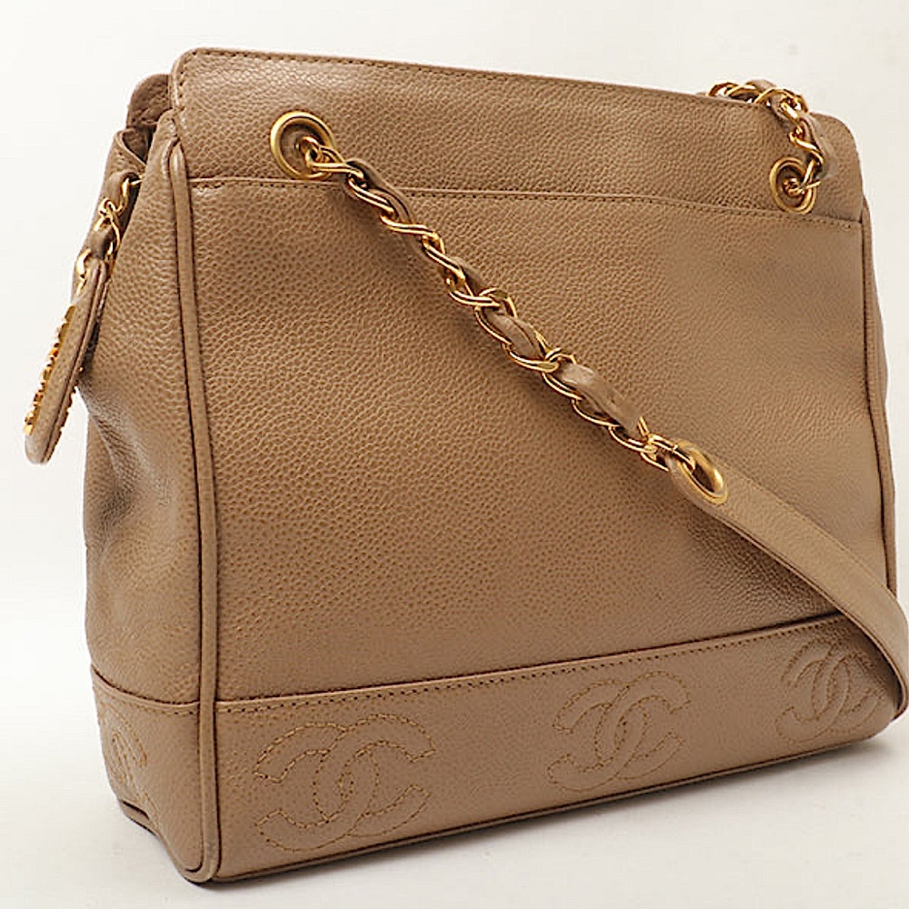 RARE CHANEL 1997 VINTAGE Caviar Skin Cc Mark Stitch Logo Charm Tote Bag Greige
